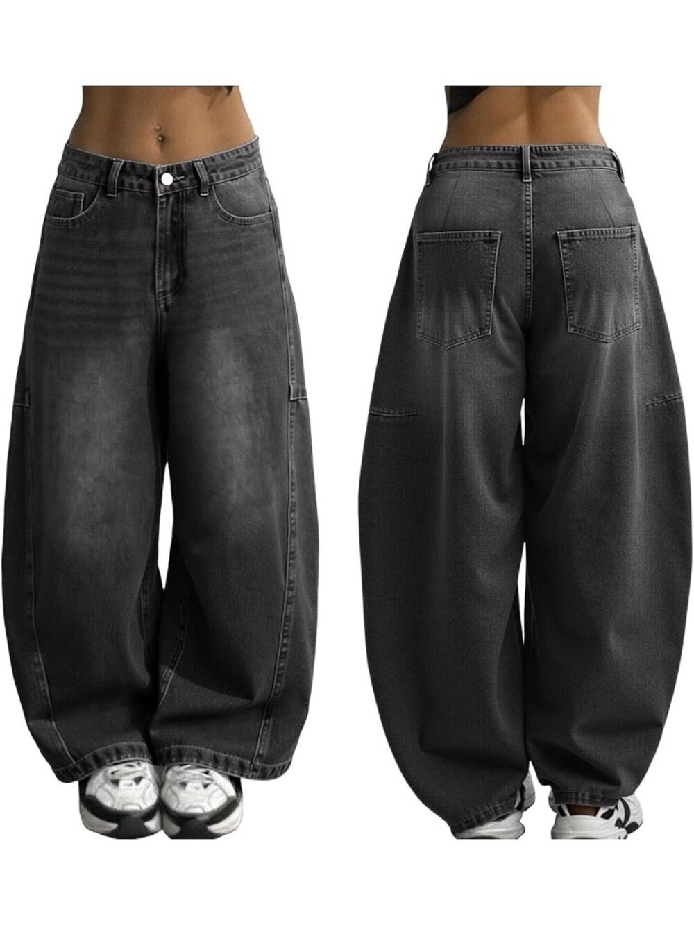 Women Black Ash Denim Pants Y2k Pull On Wide Leg Waisted Mid Rise Baggy Jeans